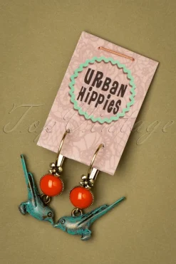 Urban Hippies Birdie Vergulde Oorbellen In Blauw En Rood>Vrouwen Sieraden