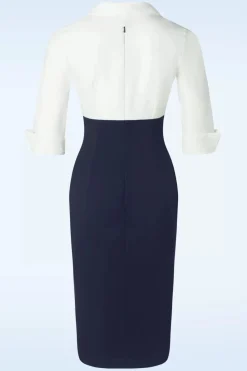 Glamour Bunny Business Babe Dianne Pencil Jurk In Wit En Marineblauw><noscript><img width=