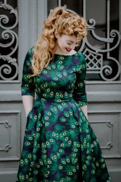 Topvintage Boutique Collection Exclusieve Bij Topvintage ~ Adriana Peacock Long Sleeve Swing Jurk In Marineblauw>Vrouwen Swing Jurken
