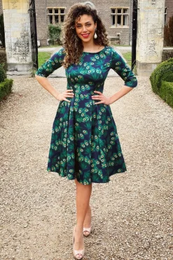 Topvintage Boutique Collection Exclusieve Bij Topvintage ~ Adriana Peacock Long Sleeve Swing Jurk In Marineblauw>Vrouwen Swing Jurken