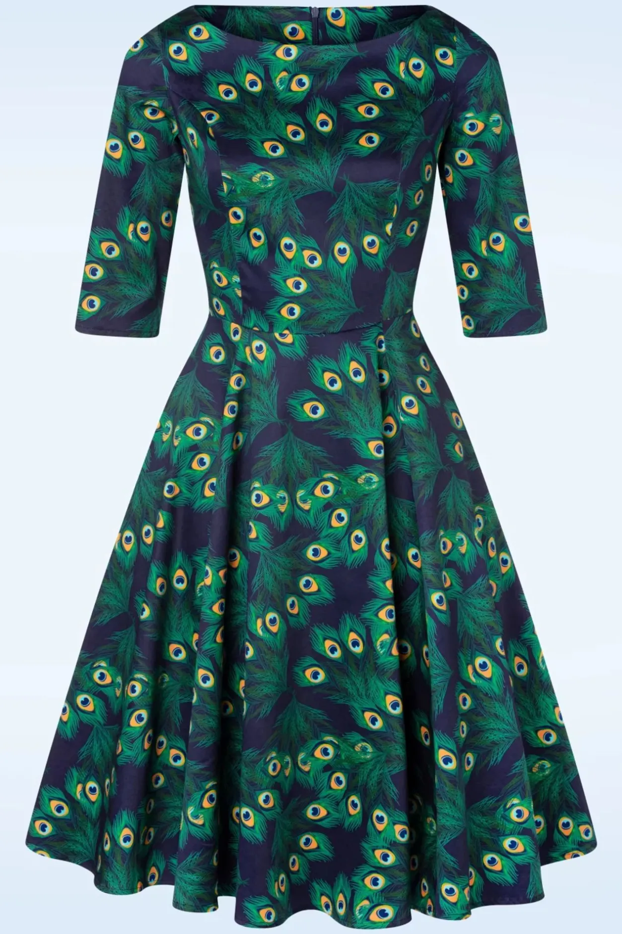 Topvintage Boutique Collection Exclusieve Bij Topvintage ~ Adriana Peacock Long Sleeve Swing Jurk In Marineblauw>Vrouwen Swing Jurken