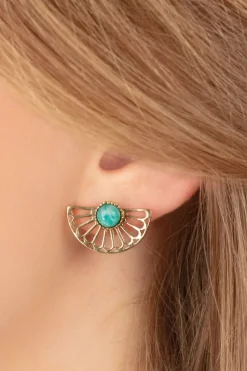 Very Cherry Flower Fan Oorbellen In Goud En Groene Onyx>Vrouwen Sieraden