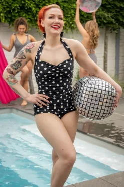 Esther Williams Klassiek Badpak Met Polkadots In Zwart En Wit>Vrouwen Badpakken