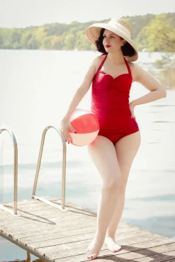 Esther Williams Klassiek Jaren Vijftig Eendelig Badpak In Rood>Vrouwen Badpakken