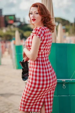 Glamour Bunny Virginia Penciljurk In Rood En Wit Gingham>Vrouwen Strakke Jurken